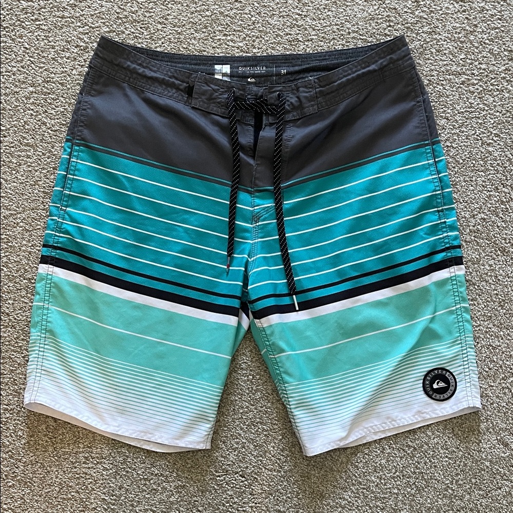 Quiksilver Men’s Teal and Black Striped Boardshorts
